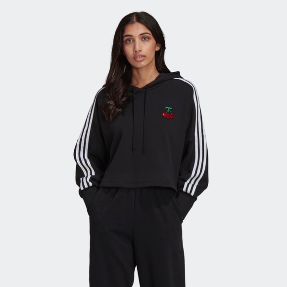 NWT Adidas x Her Studio London Cropped Black 3 Stripes Sequin Cherry Hoodie - Picture 2 of 8